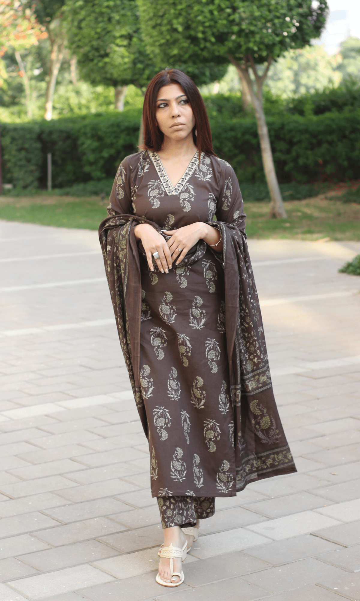Cotton Pastel Brown Mughal Print Suit with Cotton Printed Dupatta