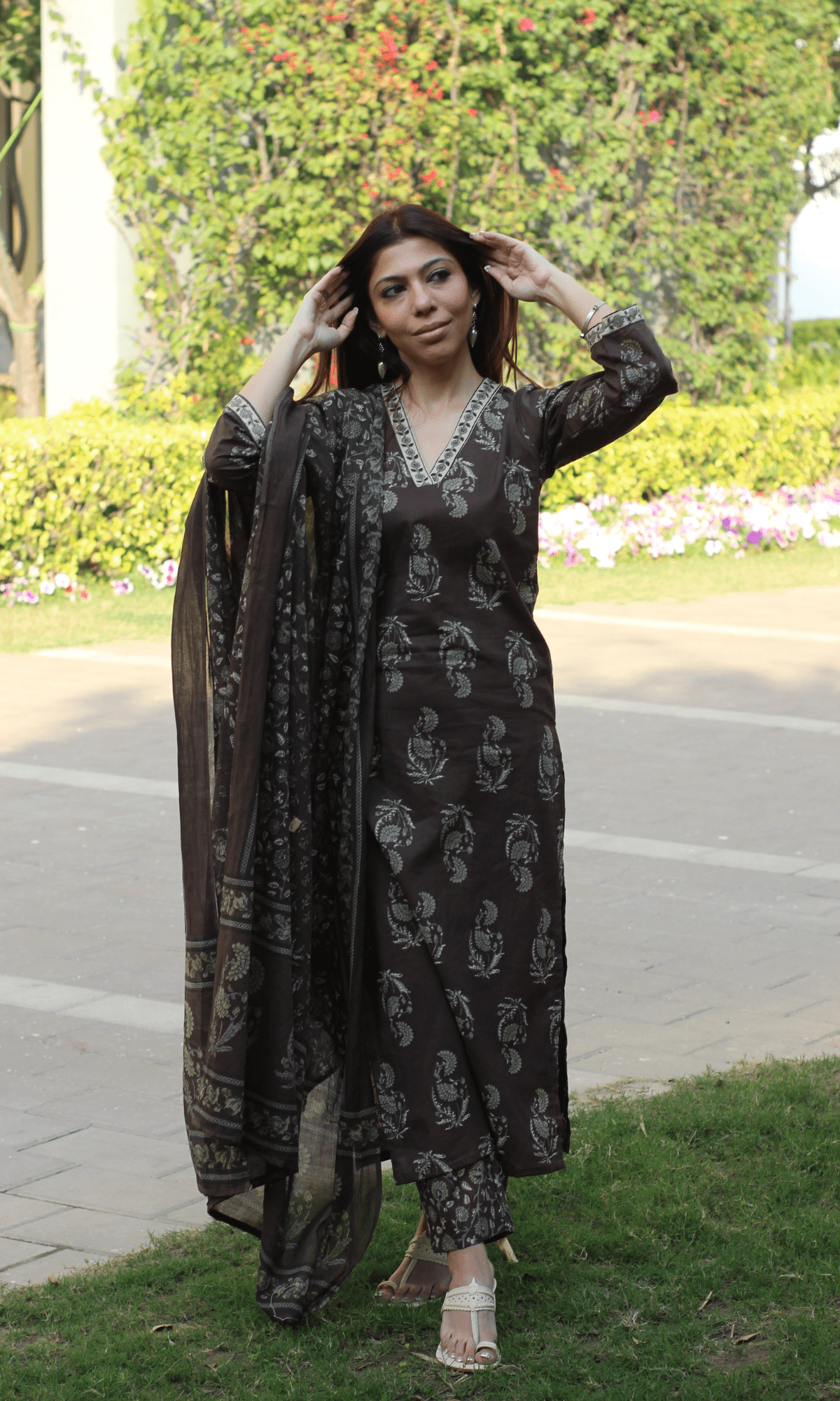 Cotton Pastel Brown Mughal Print Suit with Cotton Printed Dupatta