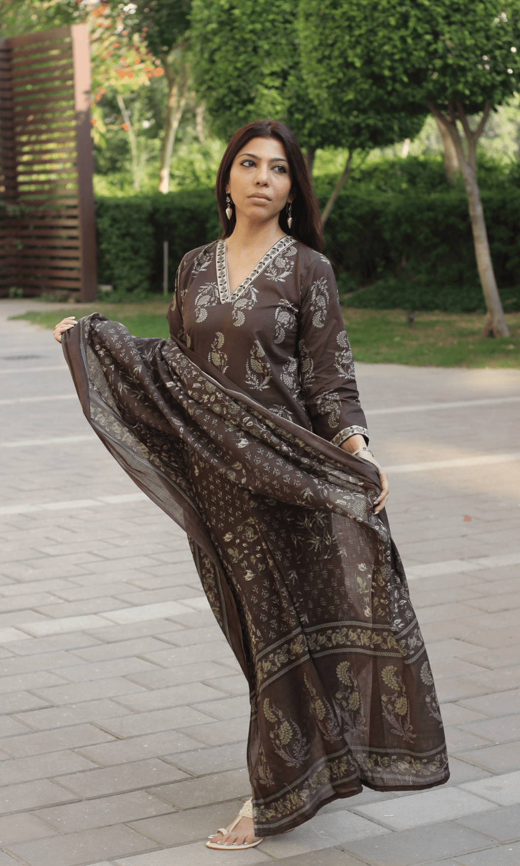 Cotton Pastel Brown Mughal Print Suit with Cotton Printed Dupatta