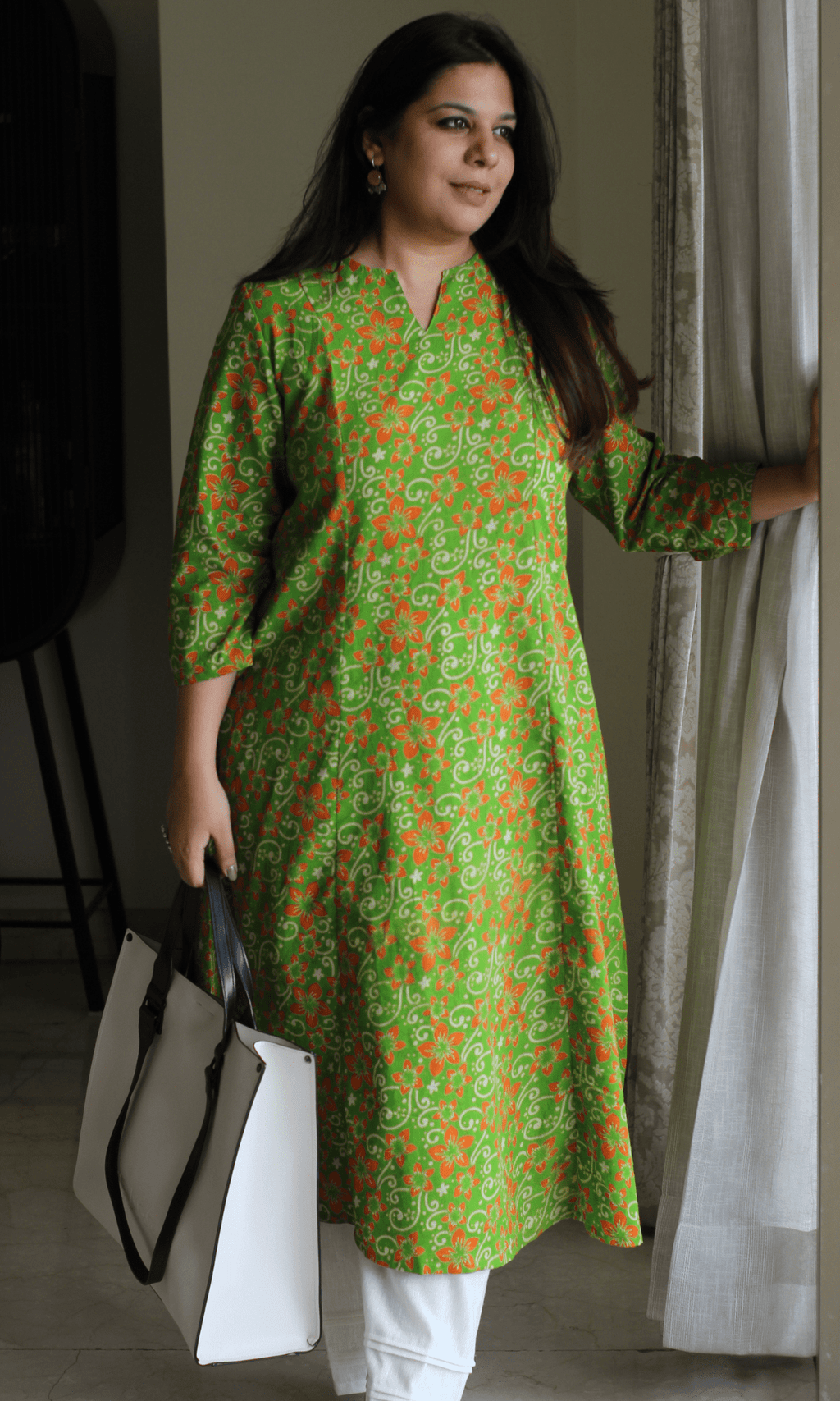 Cotton Pear Green Handblock Kalamkari Print Kali Kurta