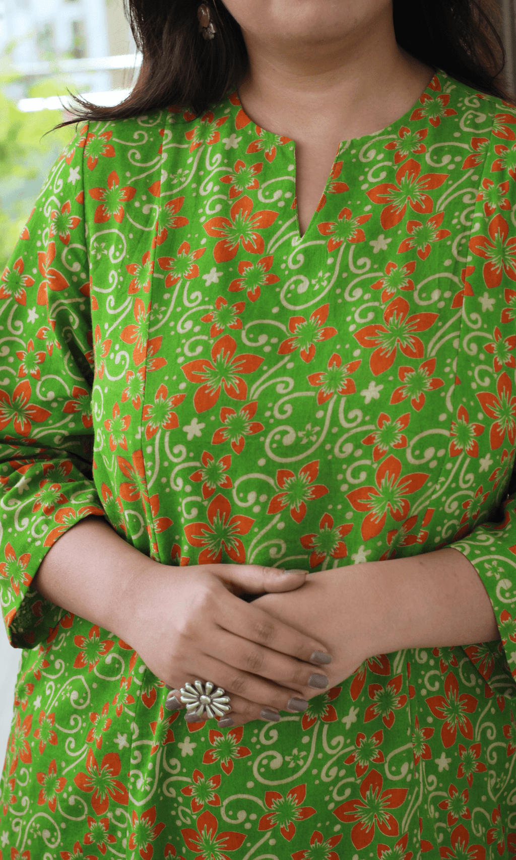 Cotton Pear Green Handblock Kalamkari Print Kali Kurta