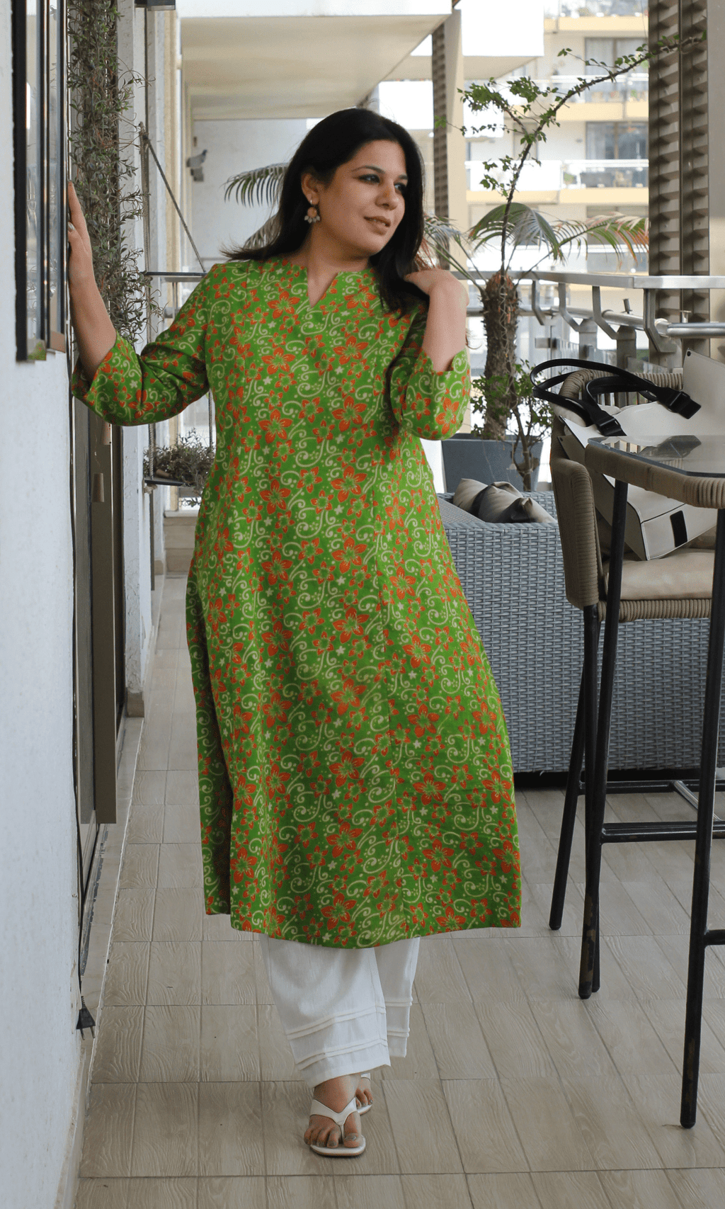 Cotton Pear Green Handblock Kalamkari Print Kali Kurta