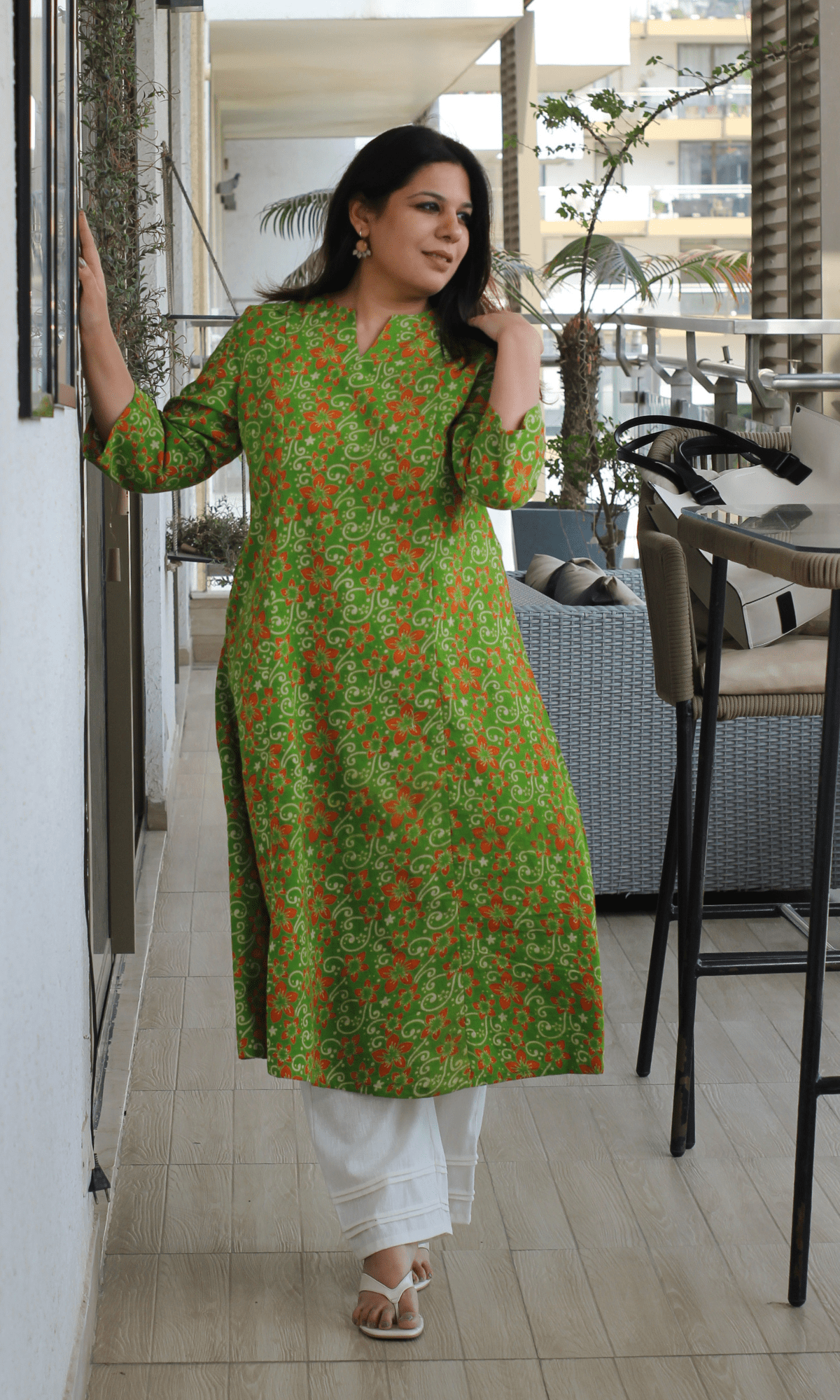 Cotton Pear Green Handblock Kalamkari Print Kali Kurta