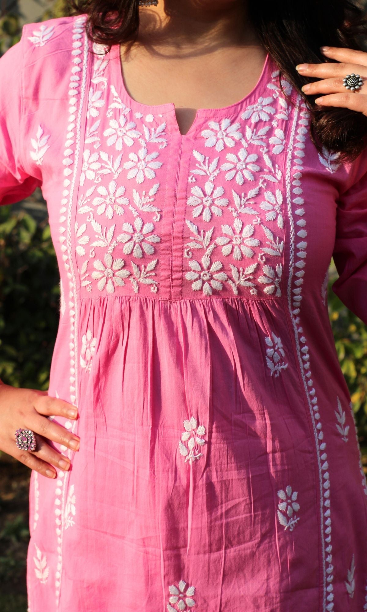 Cotton Pink Handwork Chikankari Naira Cut Kurta
