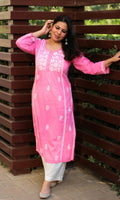 Cotton Pink Handwork Chikankari Naira Cut Kurta