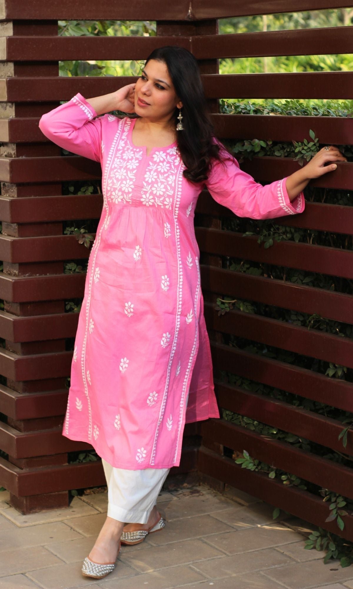 Cotton Pink Handwork Chikankari Naira Cut Kurta
