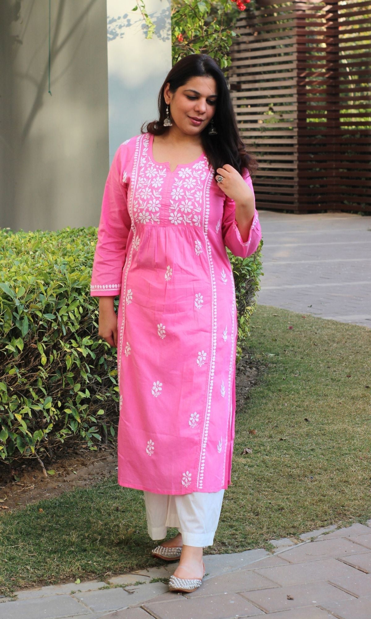 Cotton Pink Handwork Chikankari Naira Cut Kurta