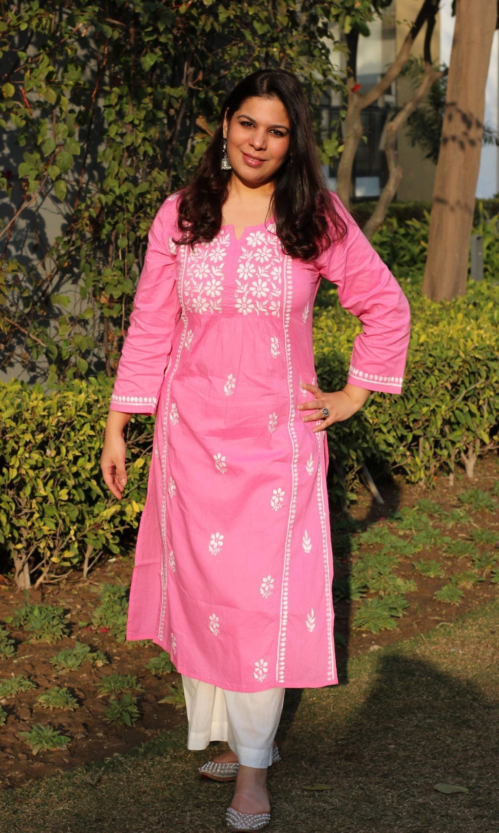 Cotton Pink Handwork Chikankari Naira Cut Kurta