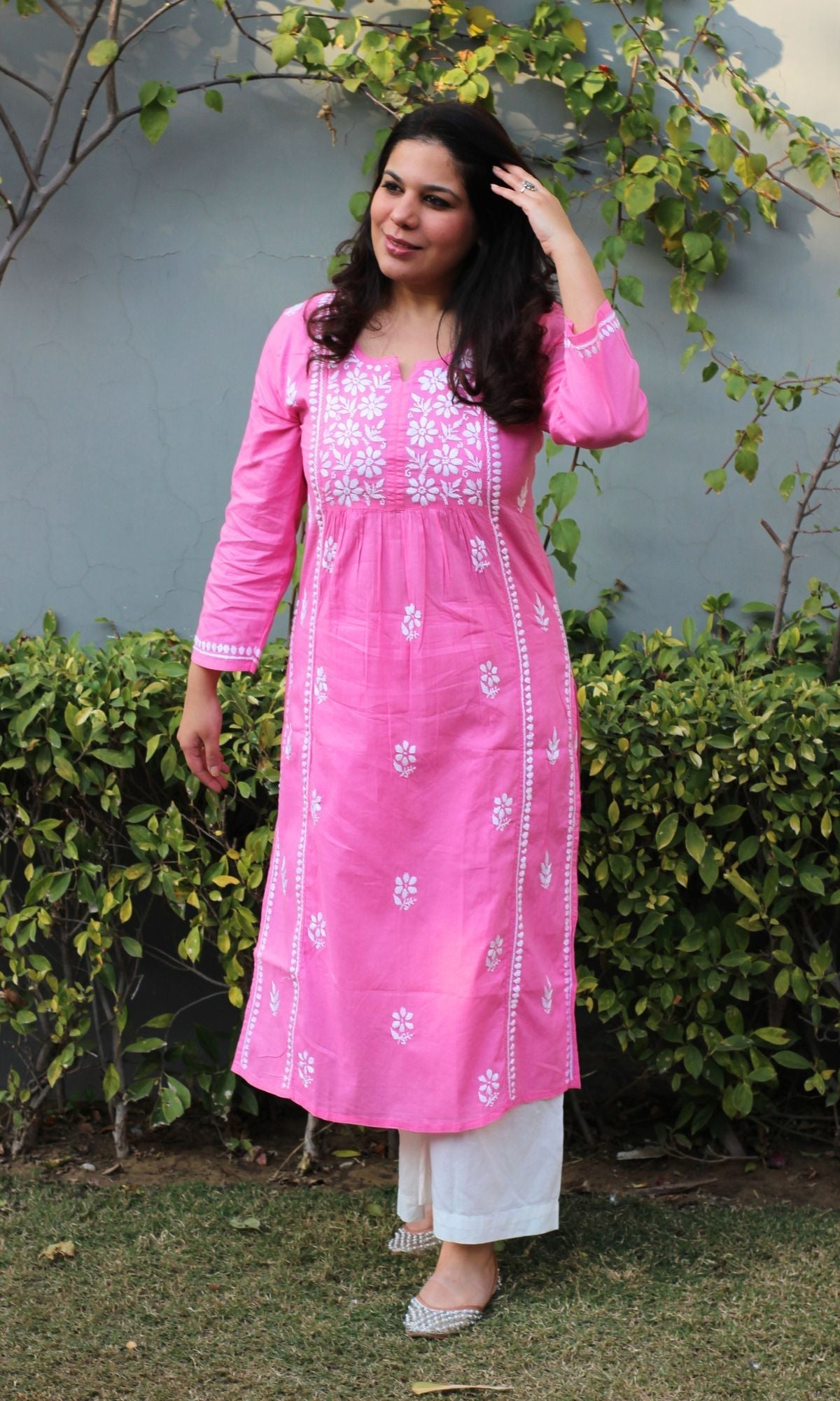 Cotton Pink Handwork Chikankari Naira Cut Kurta