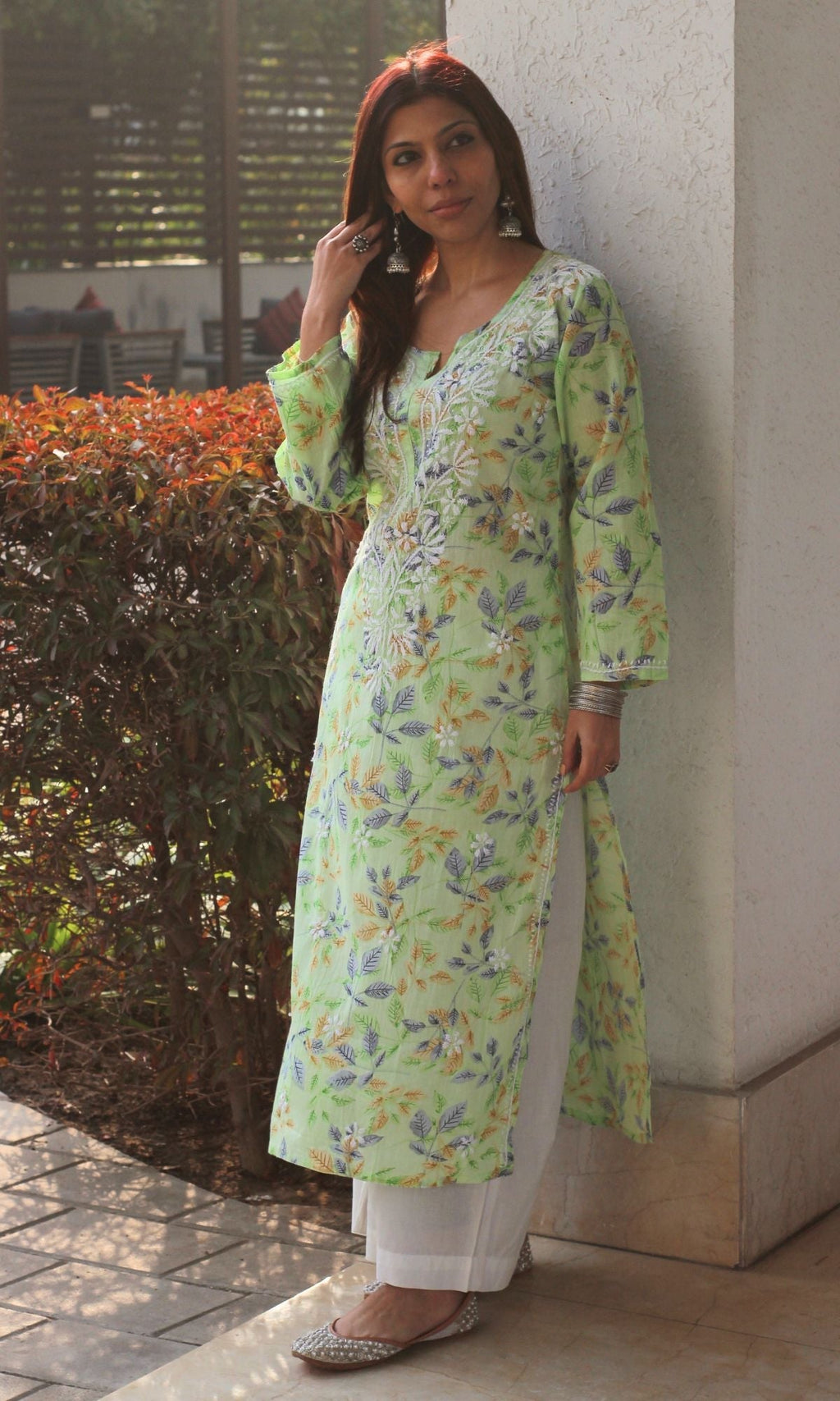 Cotton Mul Printed Green Handwork Chikankari Kurta