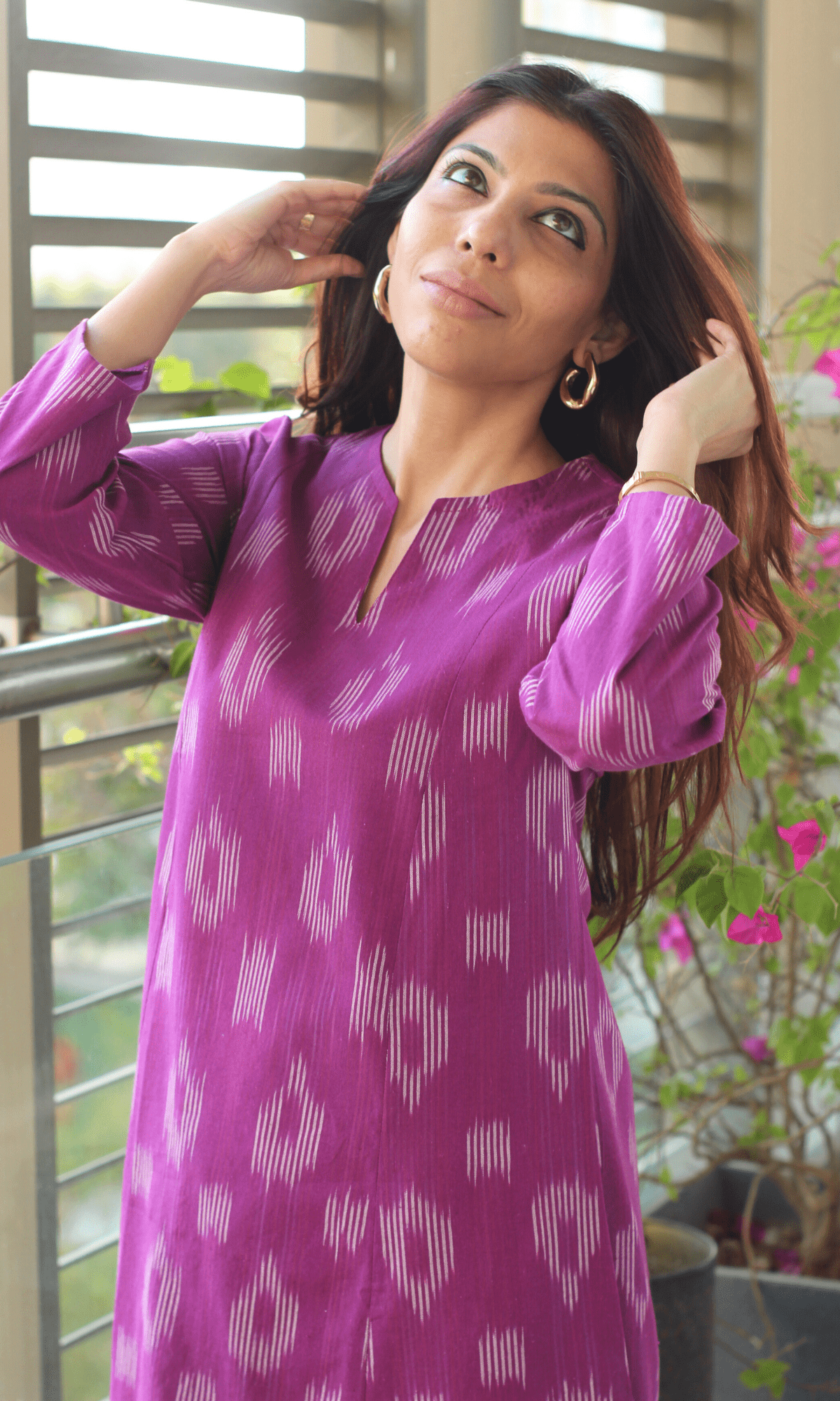Cotton Raspberry Handloom Ikkat Kali Kurta