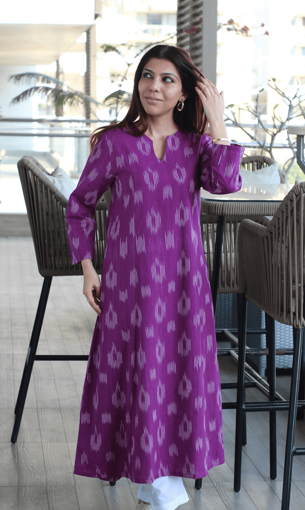 Cotton Raspberry Handloom Ikkat Kali Kurta