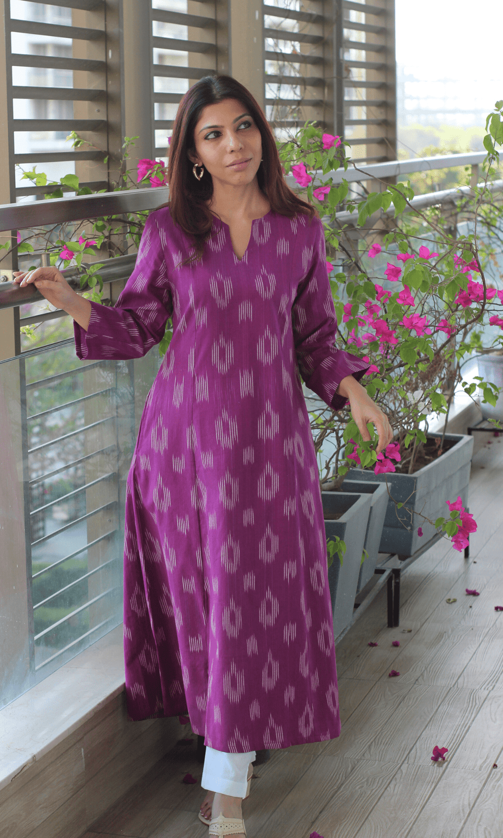Cotton Raspberry Handloom Ikkat Kali Kurta