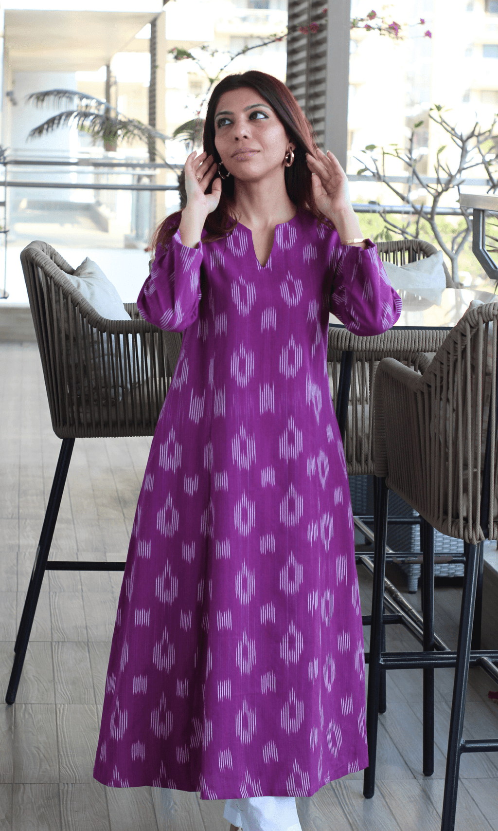 Cotton Raspberry Handloom Ikkat Kali Kurta