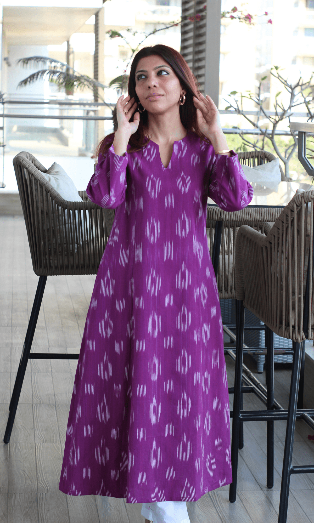 Cotton Raspberry Handloom Ikkat Kali Kurta