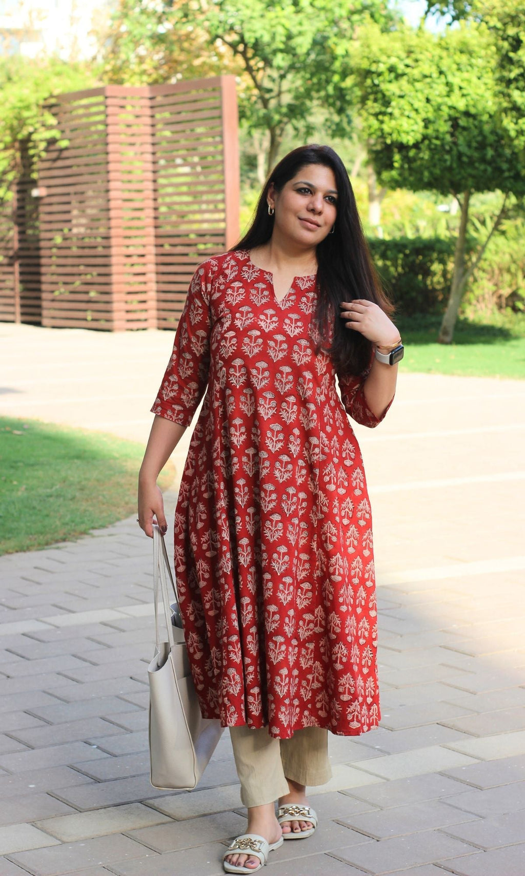 Cotton Red Ajrakh Print Kali Kurta