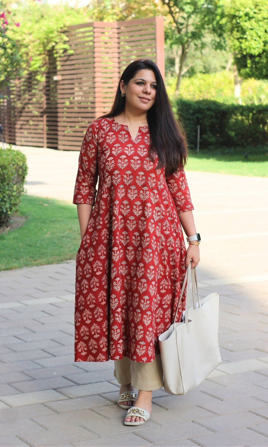 Cotton Red Ajrakh Print Kali Kurta