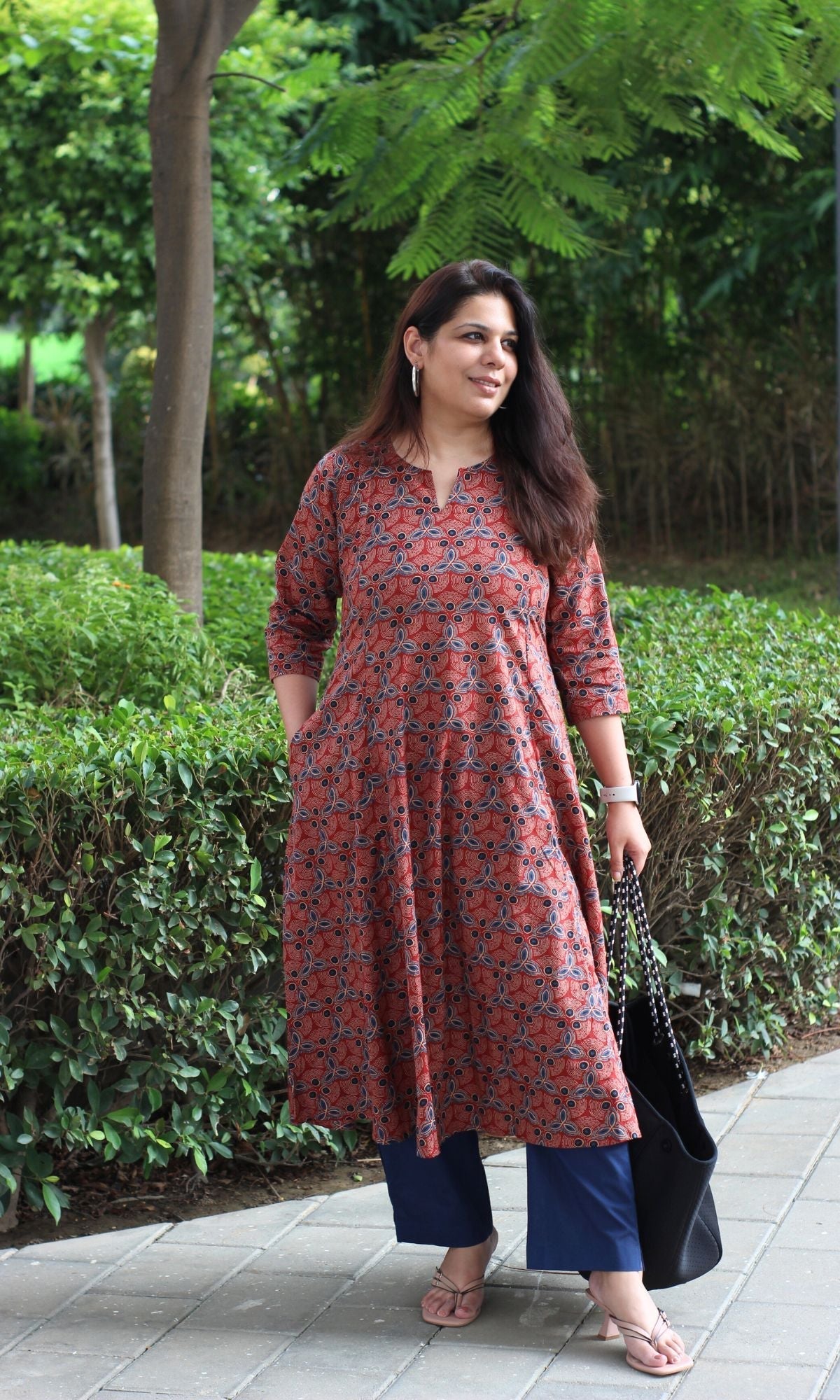 Cotton Red Ajrakh Print Kali Kurta