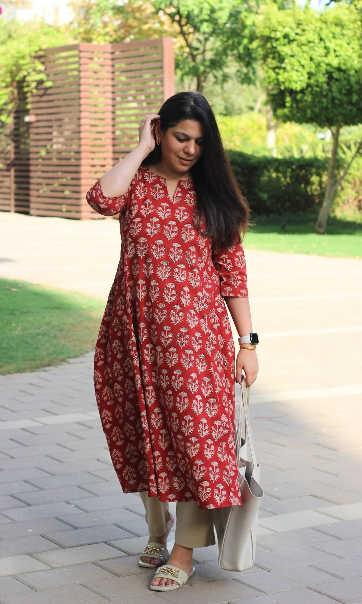Cotton Red Ajrakh Print Kali Kurta