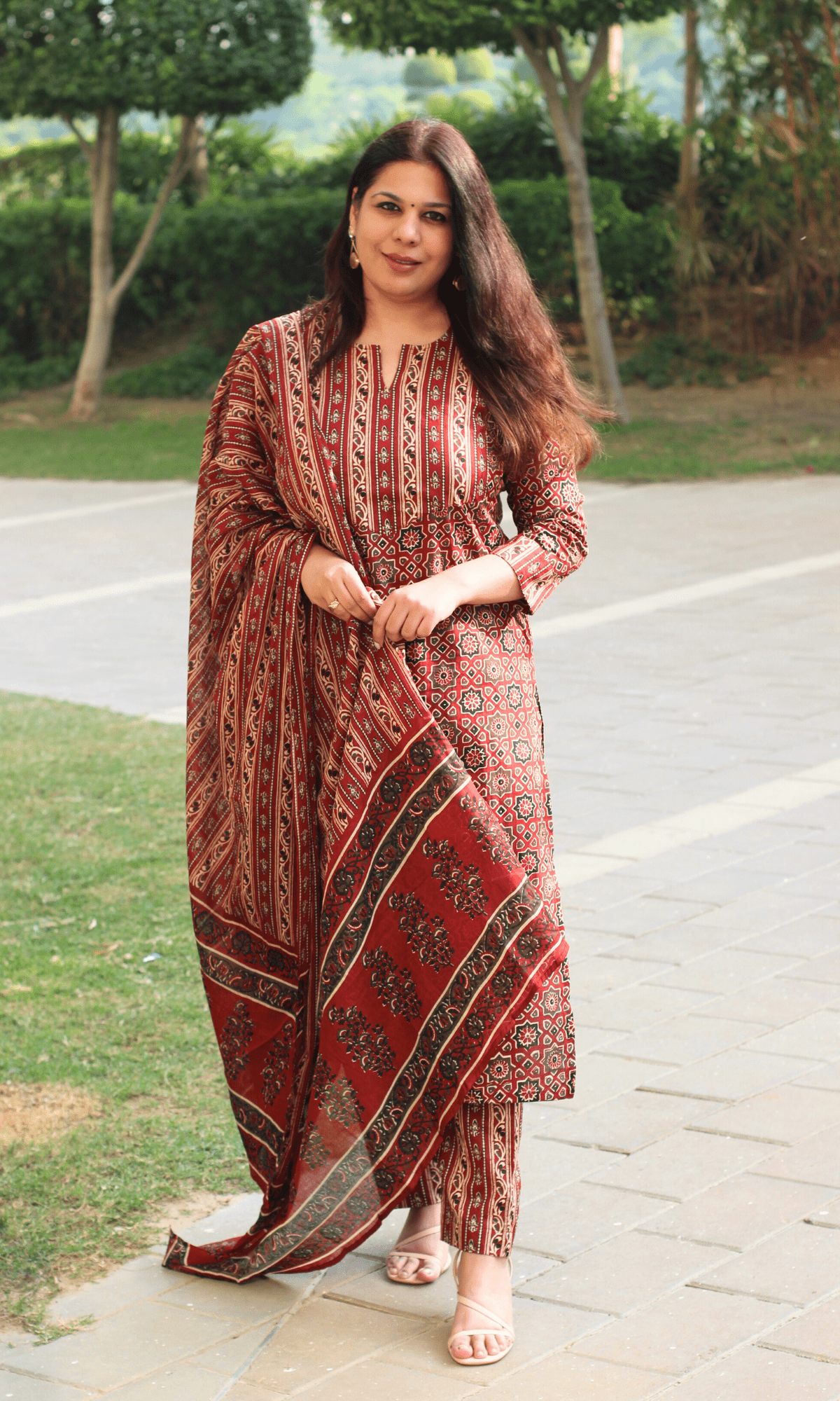 Cotton Red & Black Ajrakh Print Suit With Cotton Dupatta