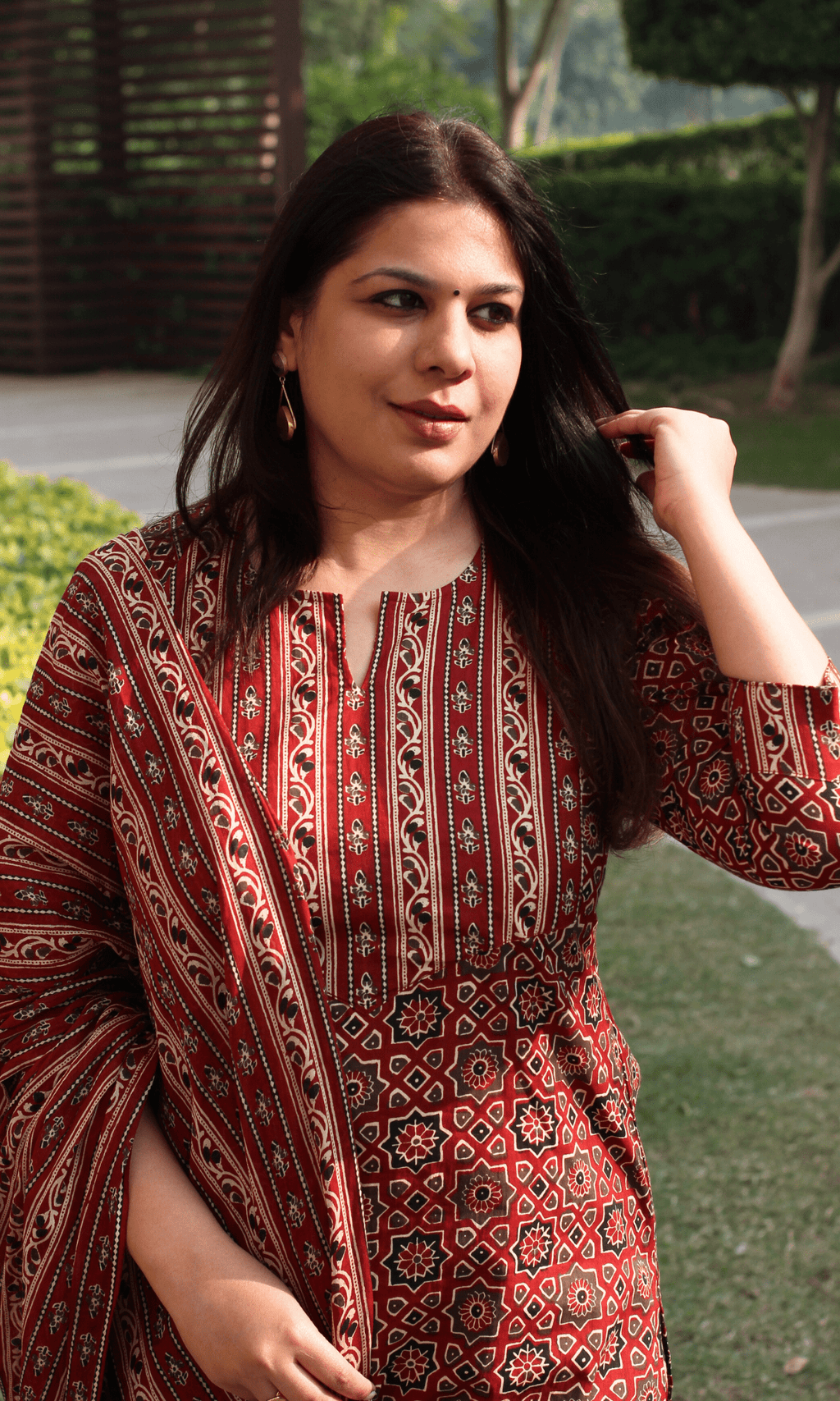 Cotton Red & Black Ajrakh Print Suit With Cotton Dupatta