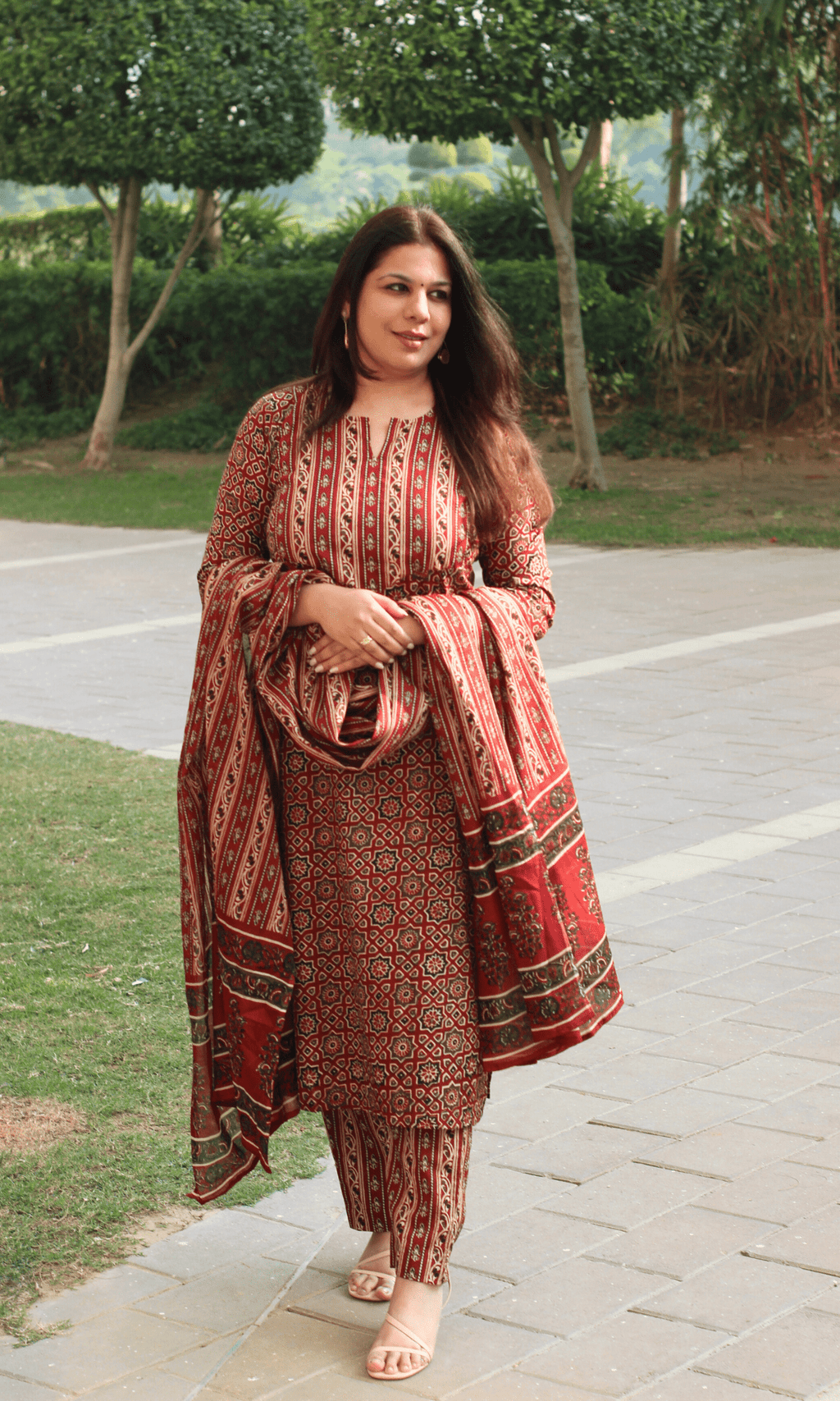 Cotton Red & Black Ajrakh Print Suit With Cotton Dupatta