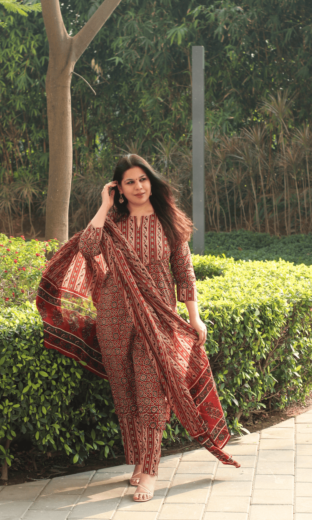 Cotton Red & Black Ajrakh Print Suit With Cotton Dupatta