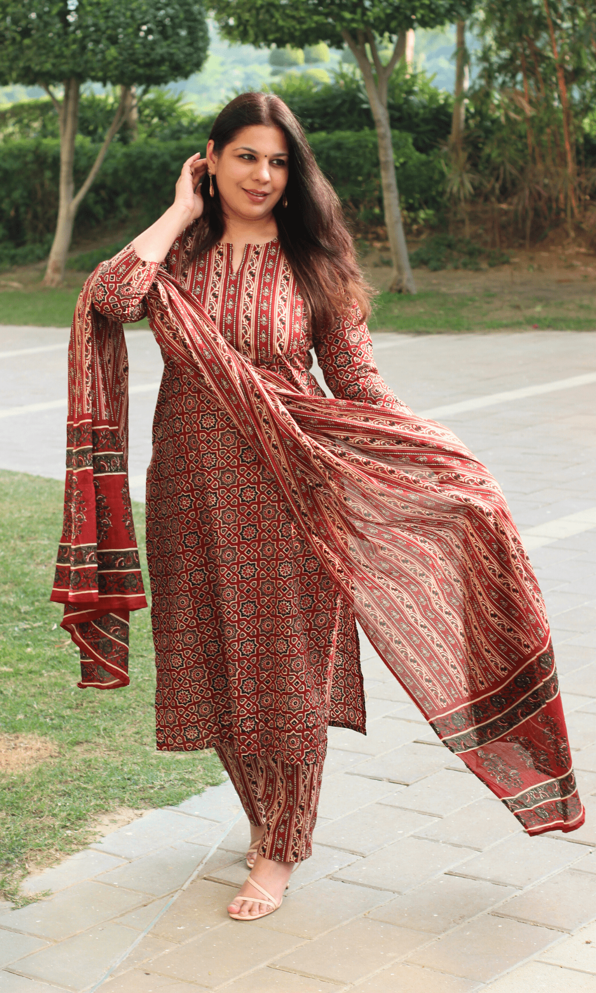 Cotton Red & Black Ajrakh Print Suit With Cotton Dupatta