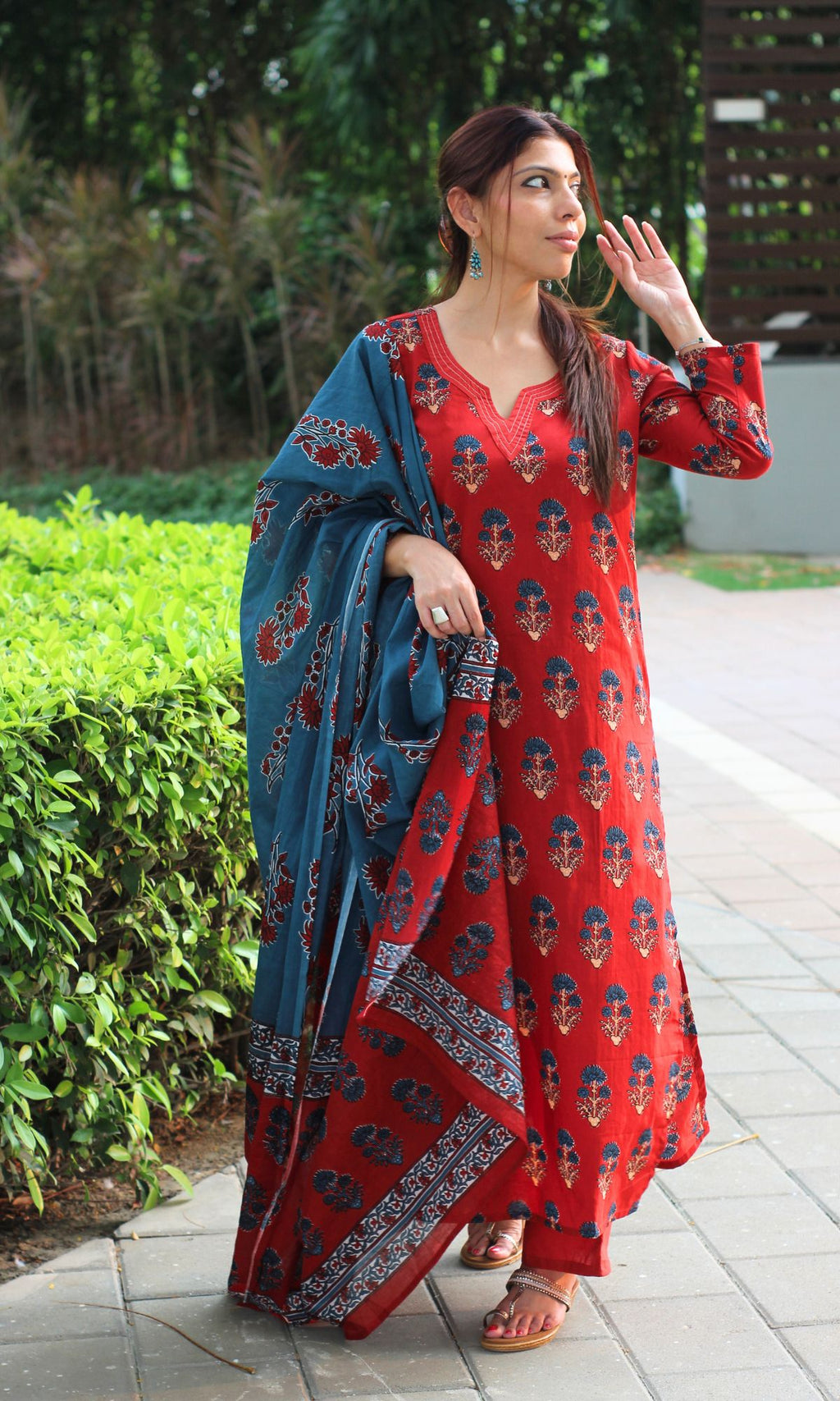 Cotton Red & Blue Boota Print Suit Set with Cotton Printed Dupatta