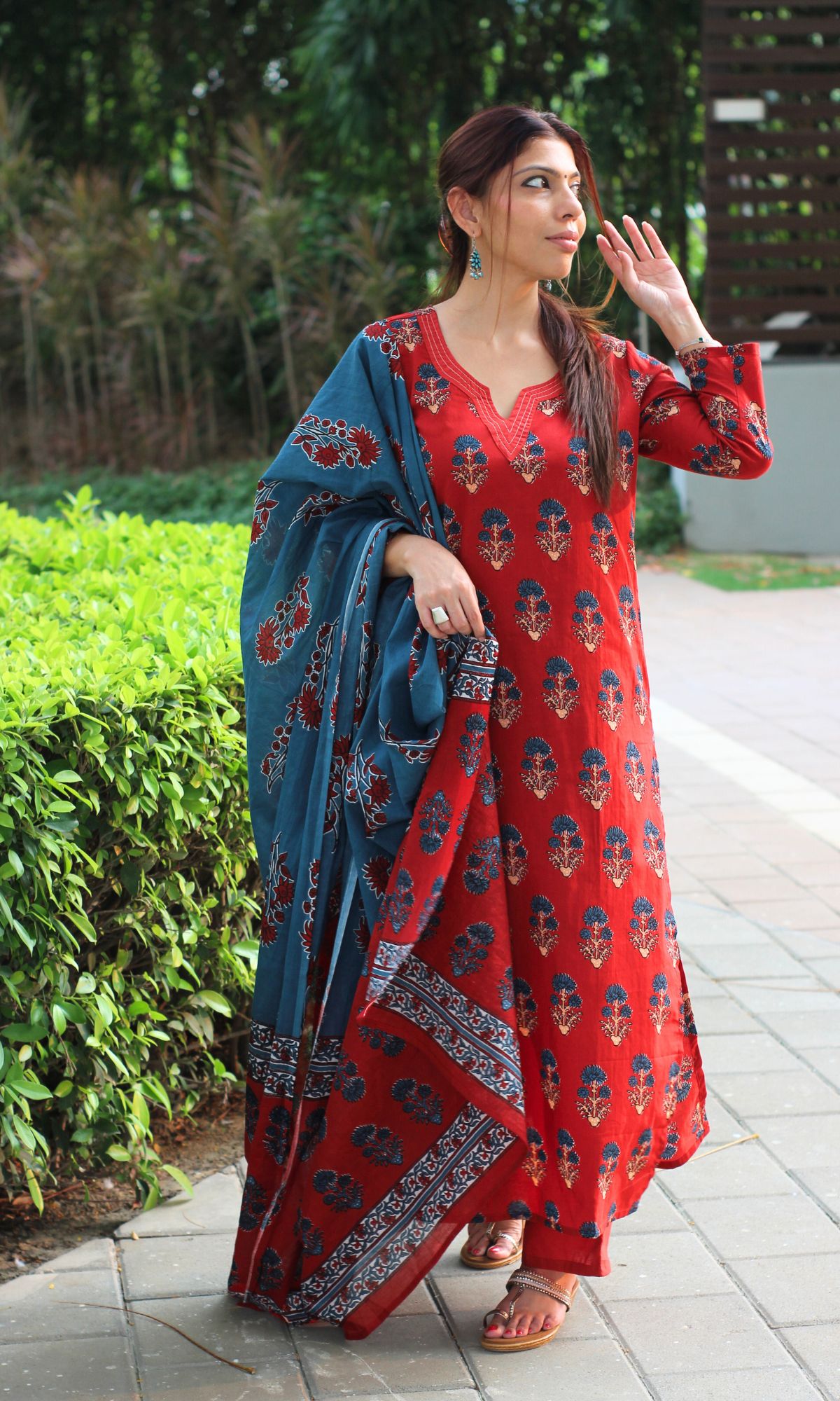 Cotton Red & Blue Boota Print Suit Set with Cotton Printed Dupatta
