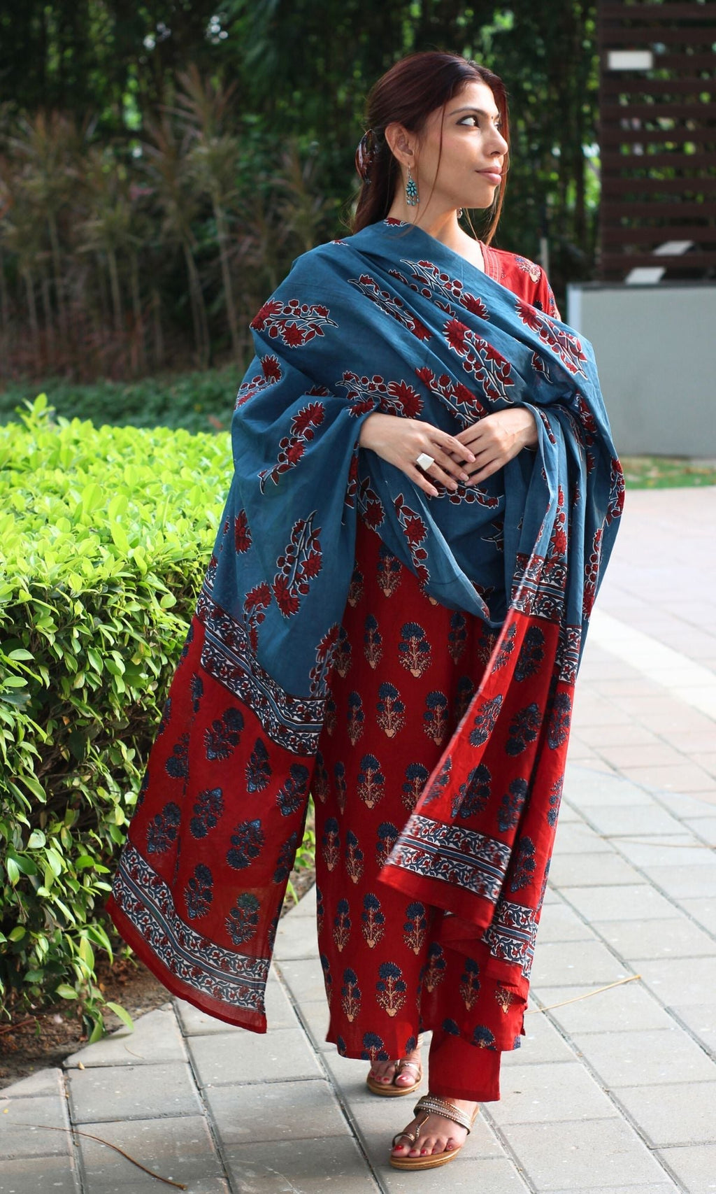 Cotton Red & Blue Boota Print Suit Set with Cotton Printed Dupatta