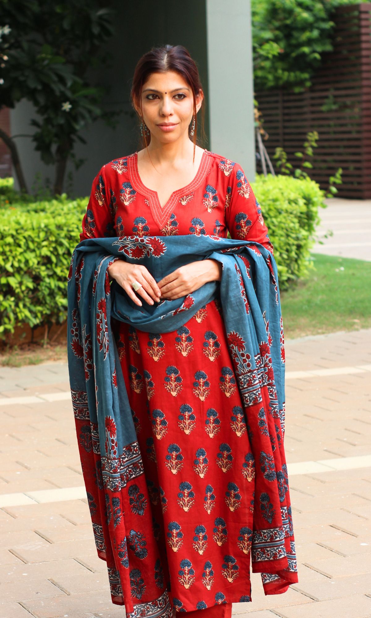 Cotton Red & Blue Boota Print Suit Set with Cotton Printed Dupatta