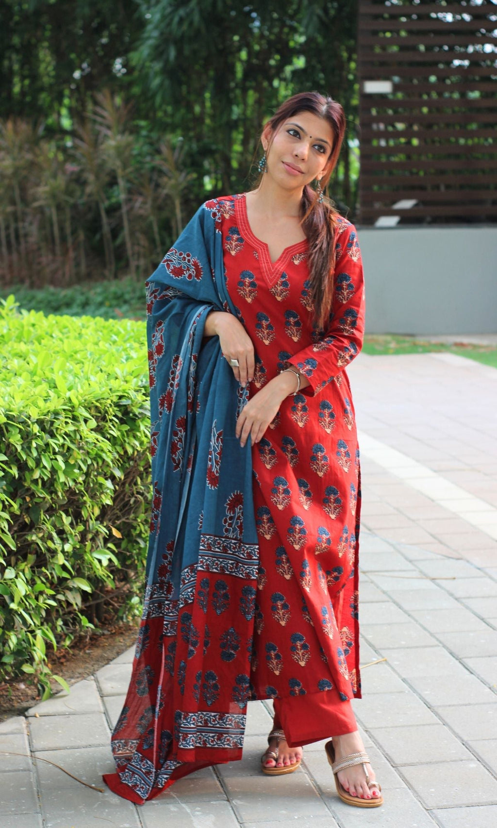Cotton Red & Blue Boota Print Suit Set with Cotton Printed Dupatta