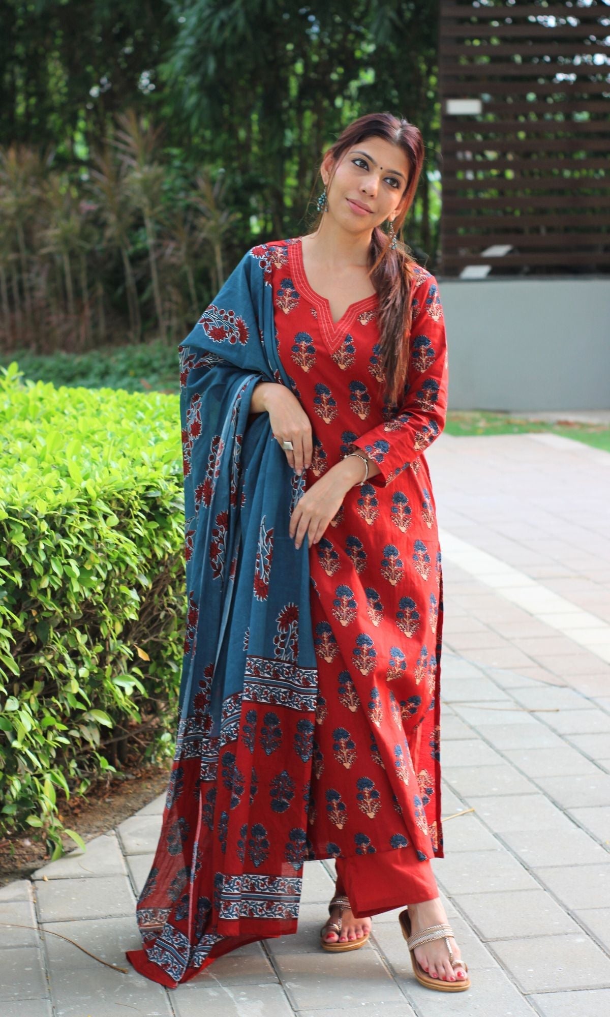 Cotton Red & Blue Boota Print Suit Set with Cotton Printed Dupatta