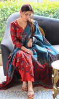 Cotton Red & Blue Boota Print Suit Set with Cotton Printed Dupatta