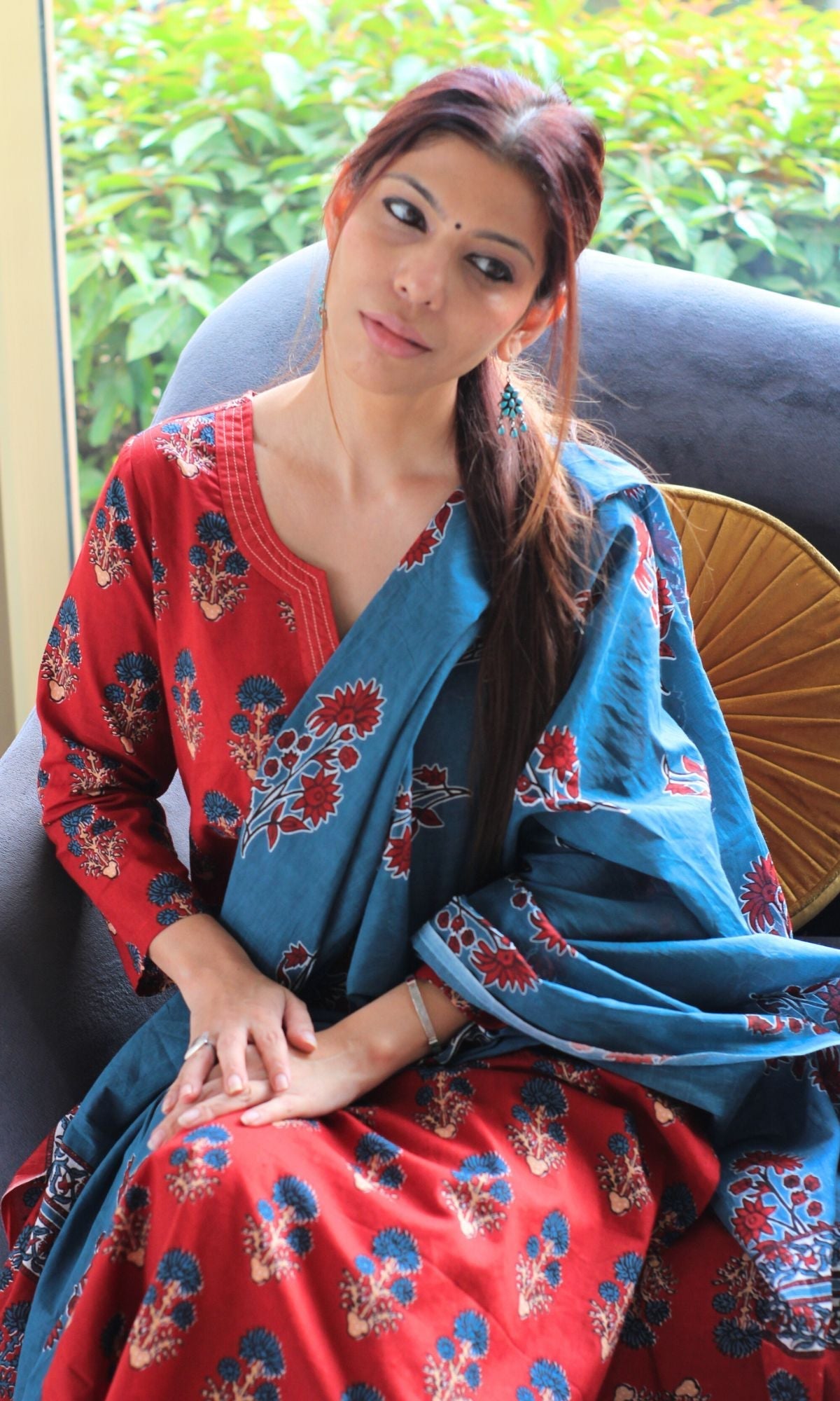 Cotton Red & Blue Boota Print Suit Set with Cotton Printed Dupatta