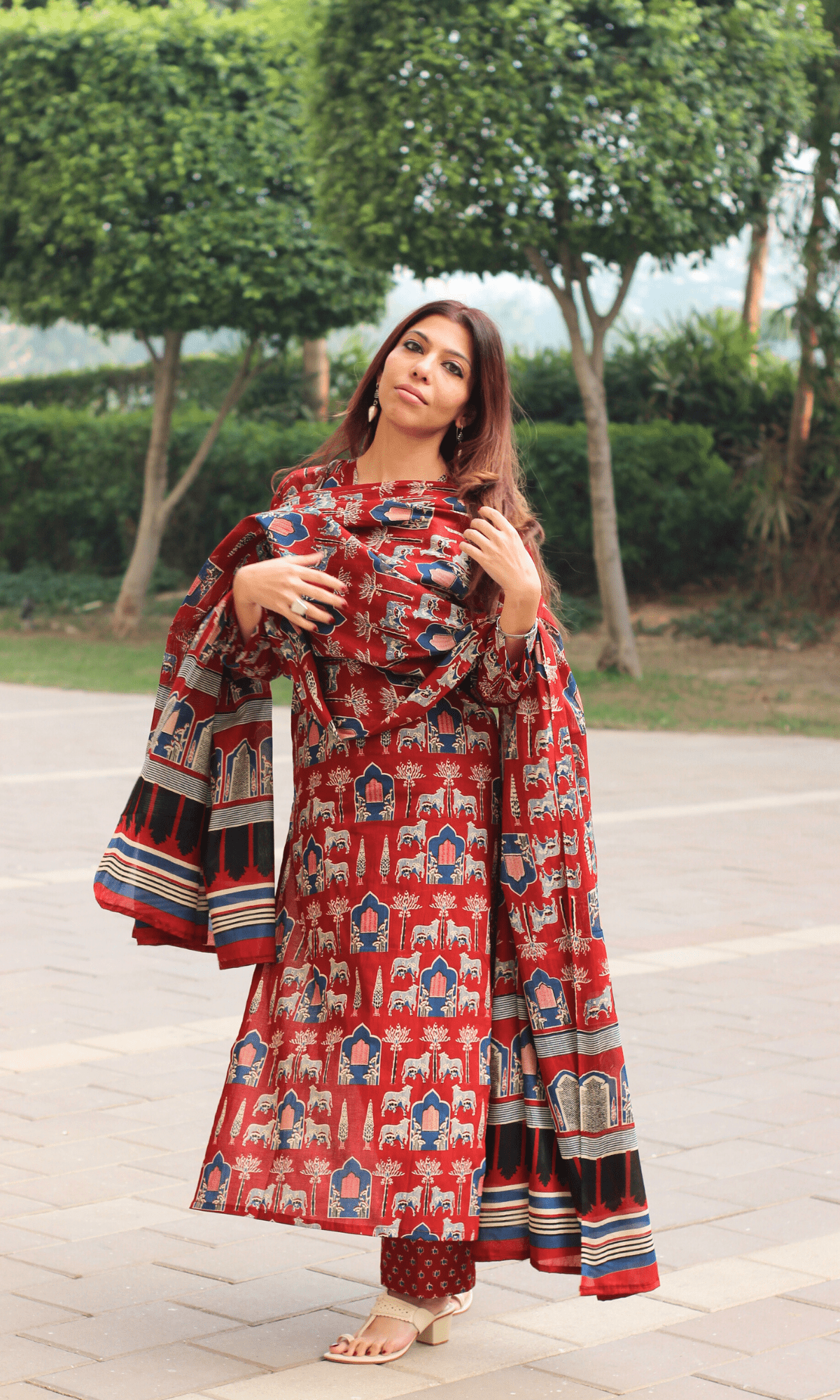 Cotton Red Fort Print Suit with Cotton Dupatta