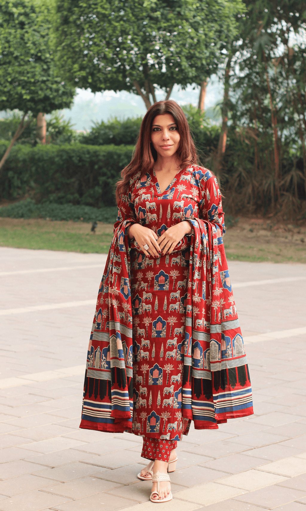 Cotton Red Fort Print Suit with Cotton Dupatta
