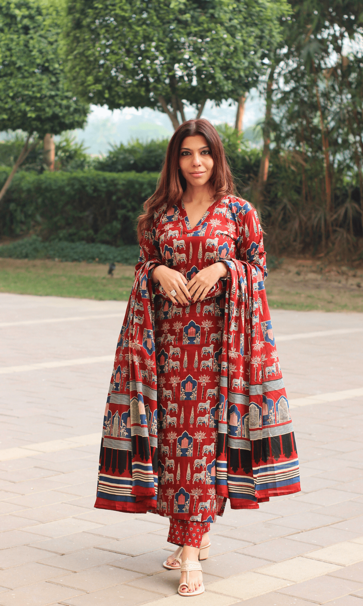 Cotton Red Fort Print Suit with Cotton Dupatta