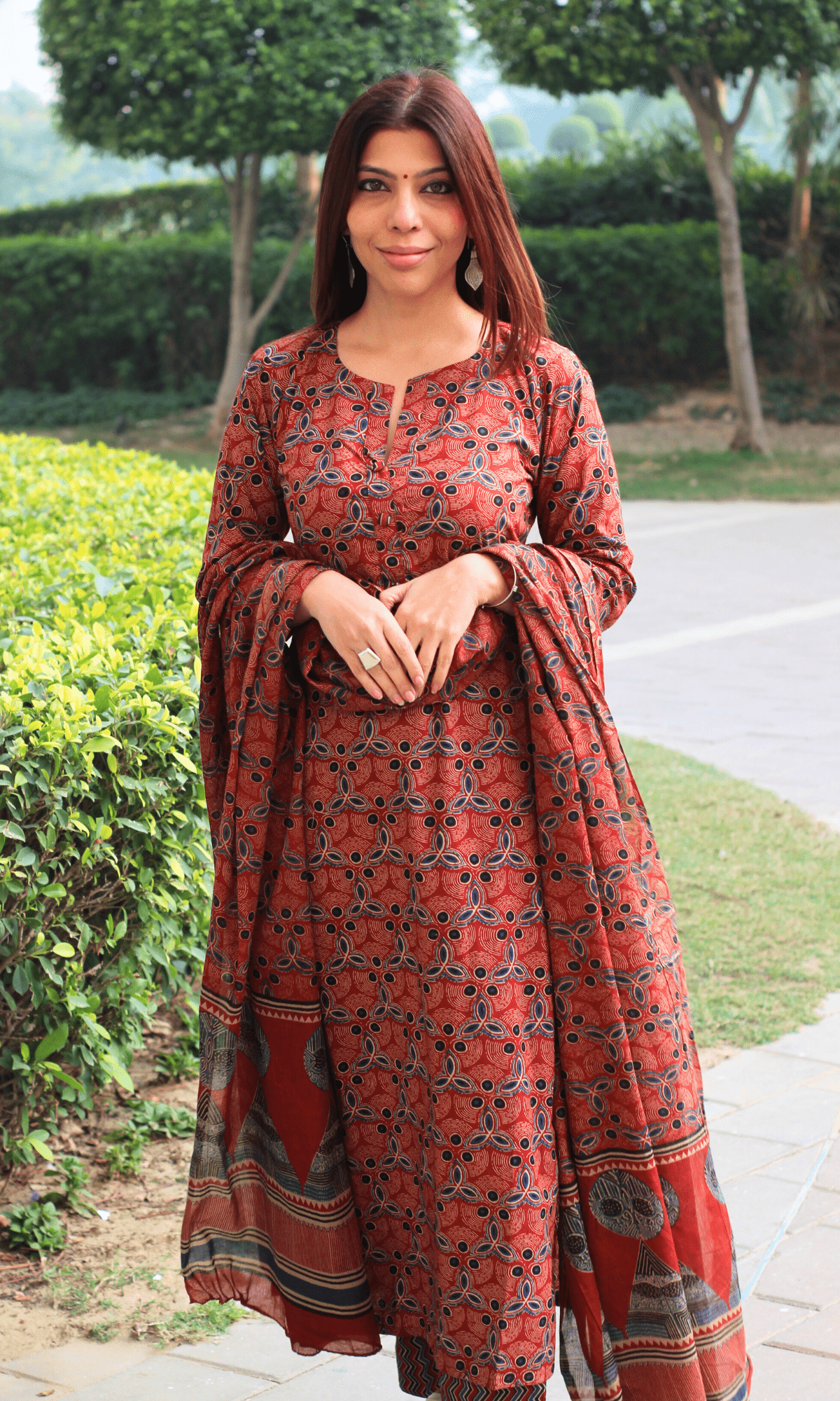 Cotton Red Kutch Ajrakh Print Suit with Cotton Printed Dupatta