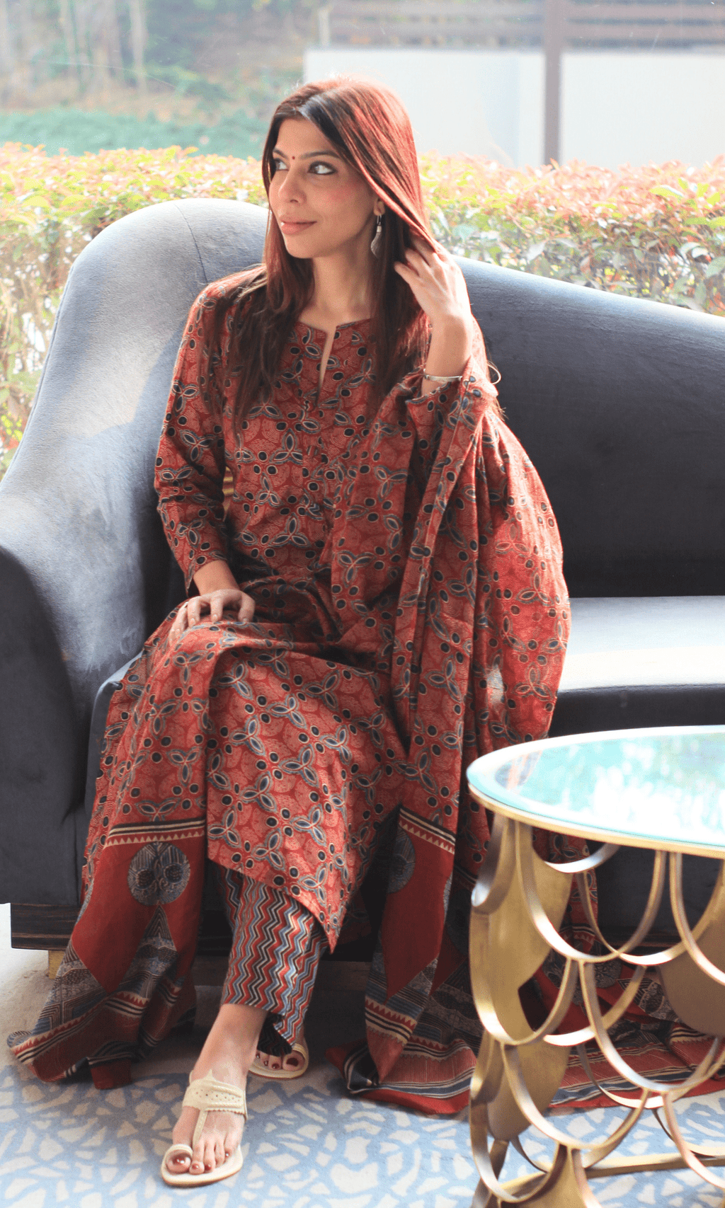 Cotton Red Kutch Ajrakh Print Suit with Cotton Printed Dupatta