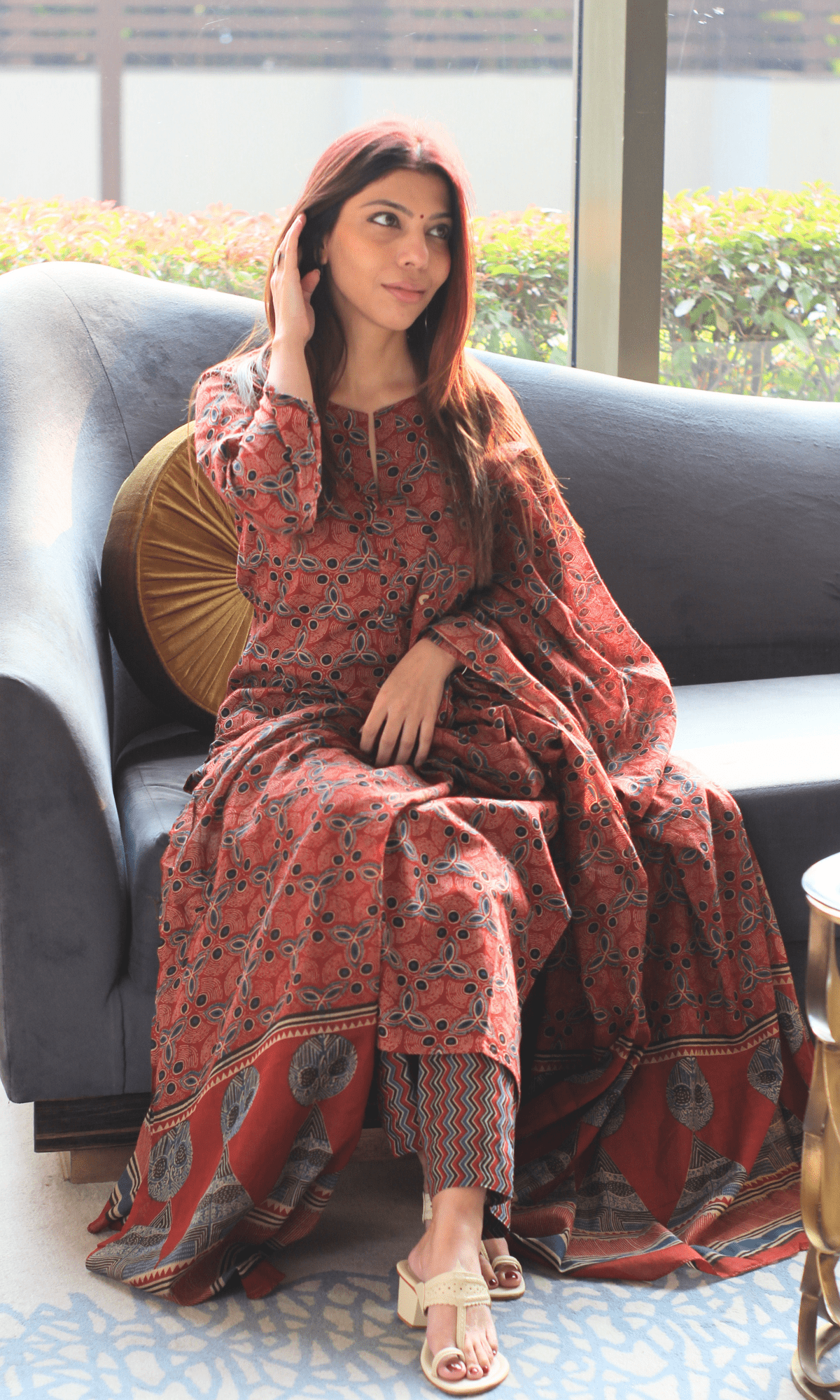 Cotton Red Kutch Ajrakh Print Suit with Cotton Printed Dupatta