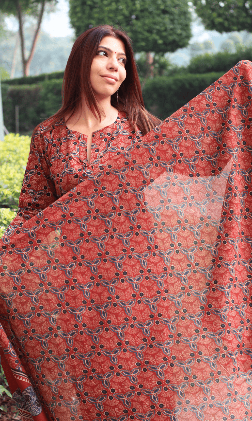 Cotton Red Kutch Ajrakh Print Suit with Cotton Printed Dupatta