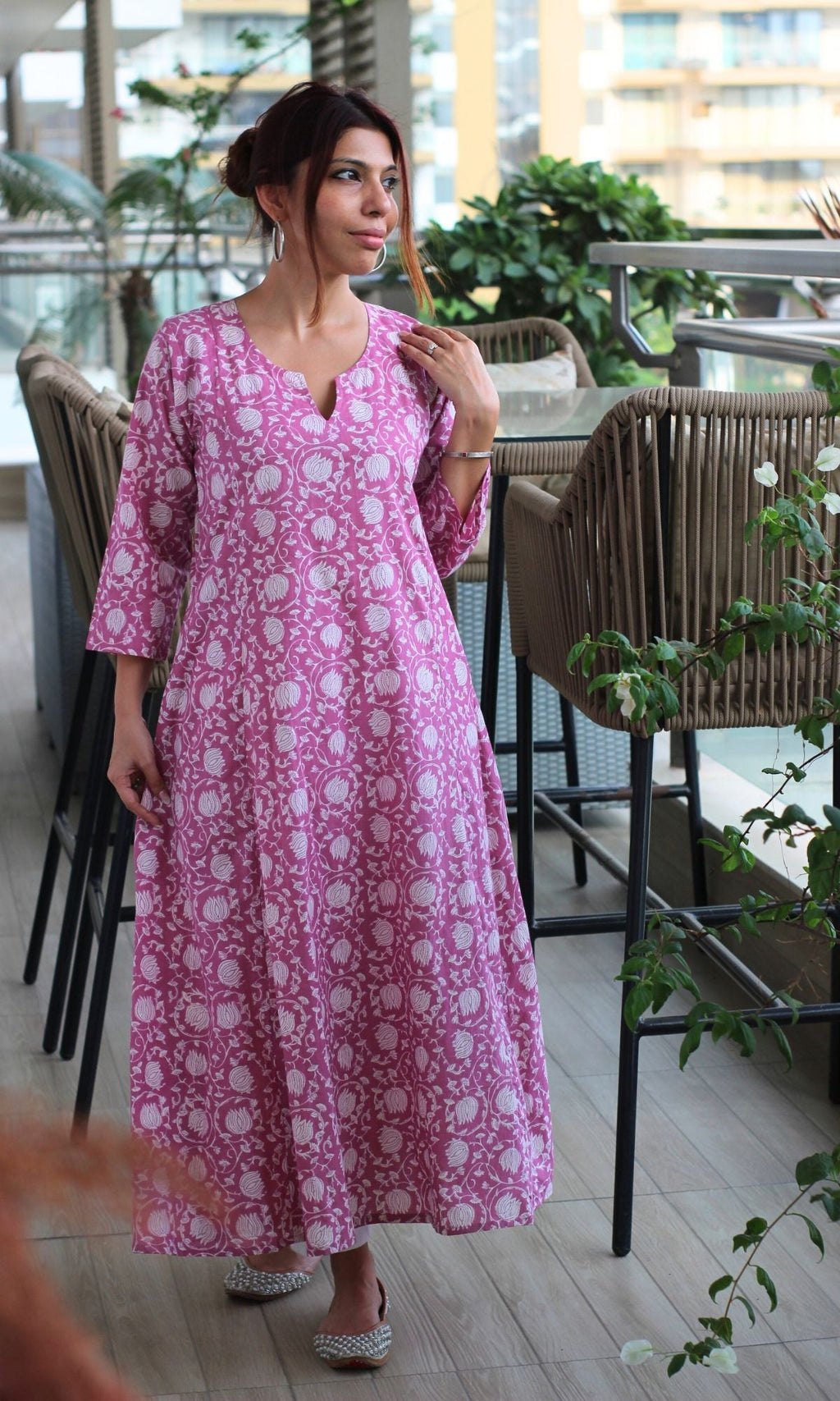 Cotton Rose Pink Printed Kali Kurta