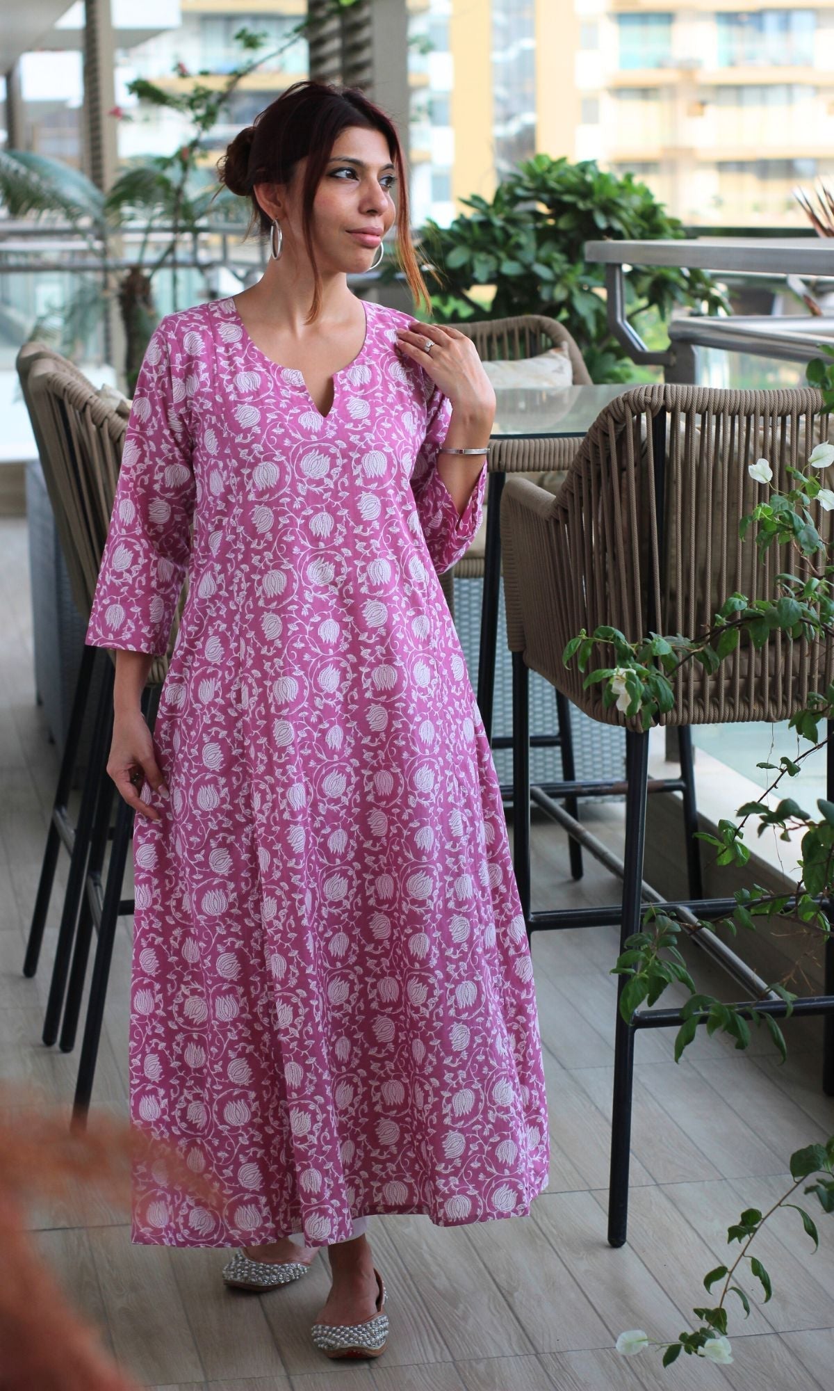 Cotton Rose Pink Printed Kali Kurta