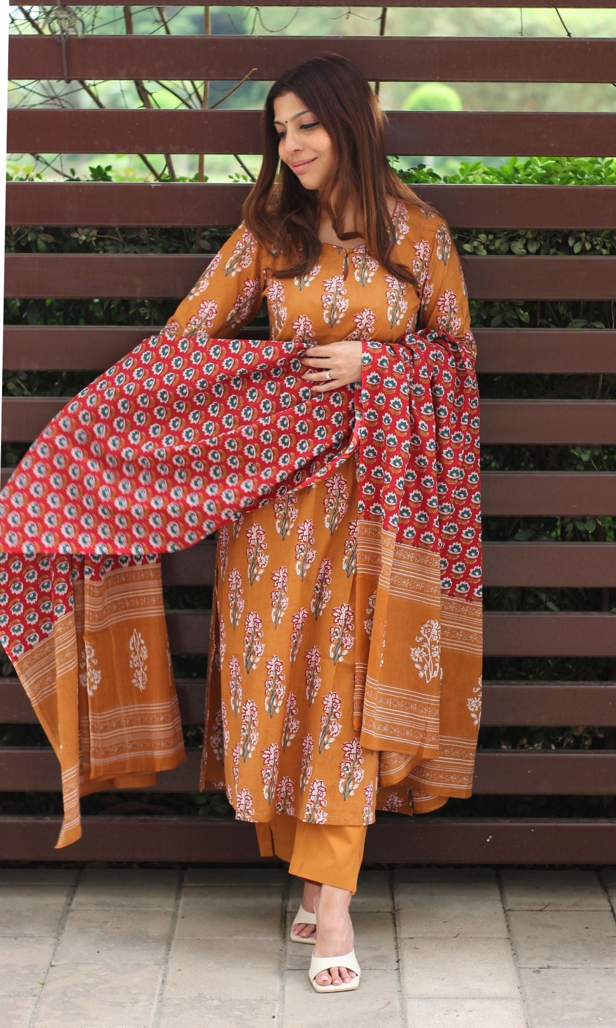 Cotton Sanganeri Copper Suit Set with Printed Dupatta