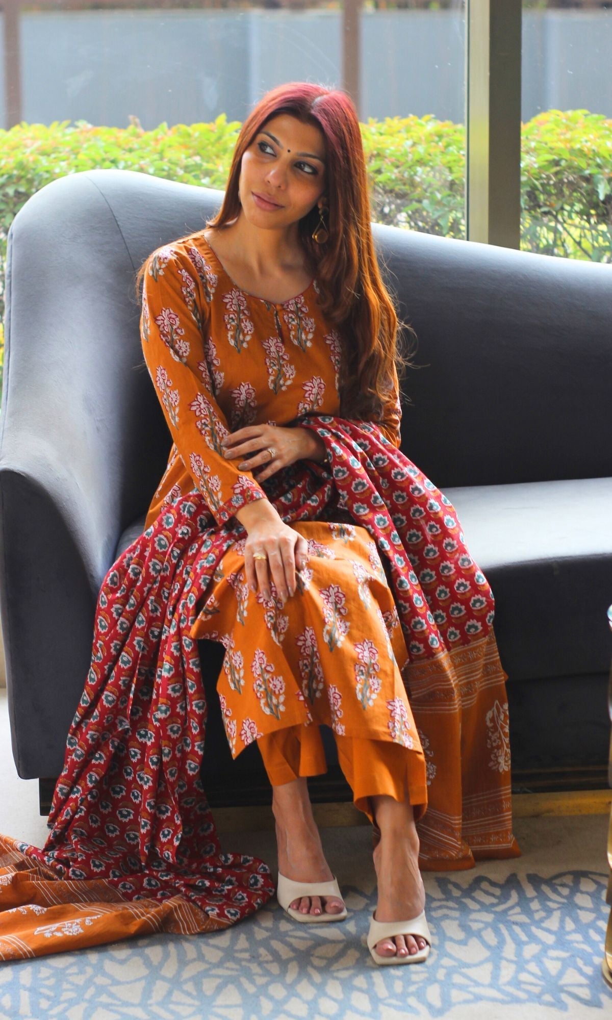 Cotton Sanganeri Copper Suit Set with Printed Dupatta