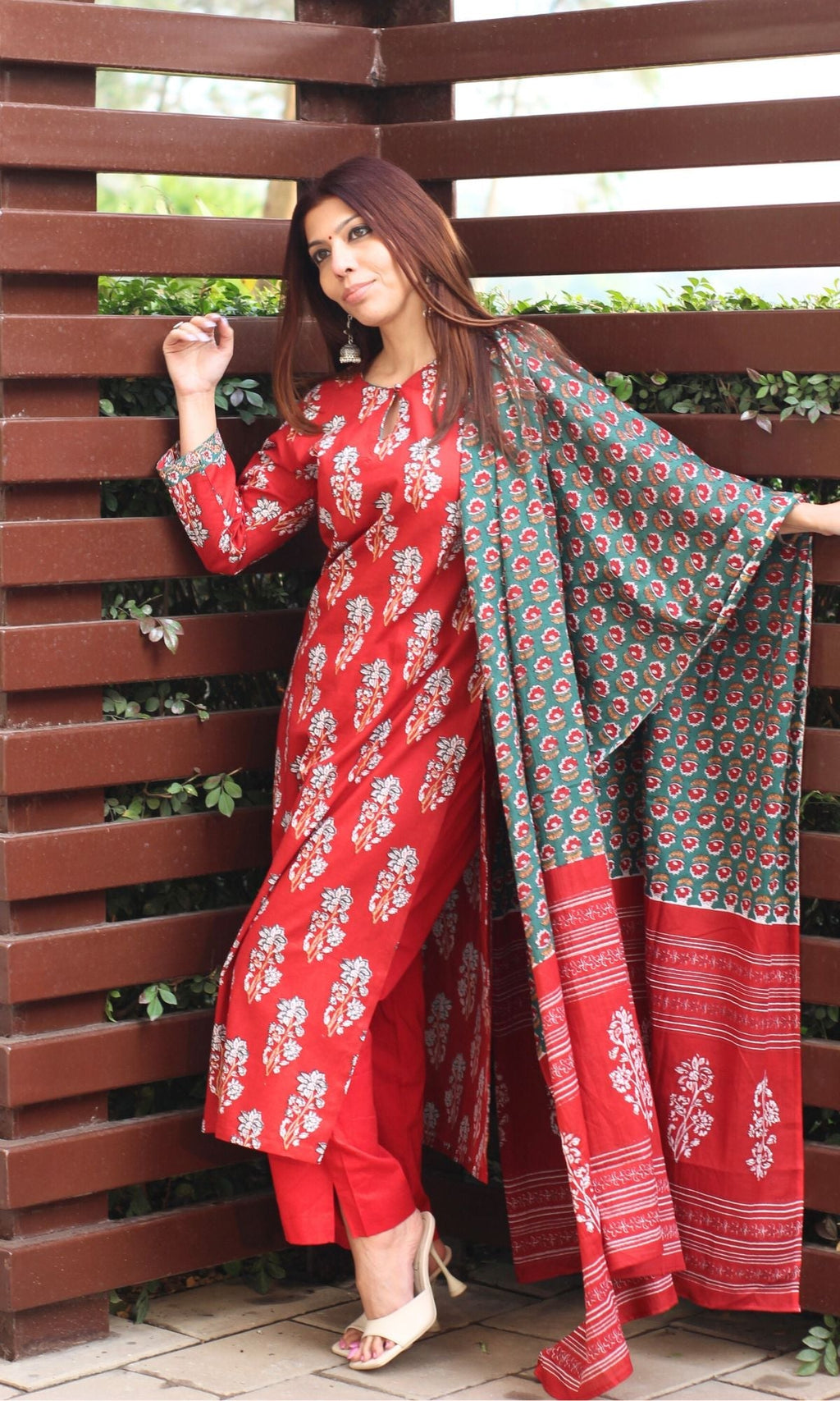 Cotton Sanganeri Print Red Suit Set with Printed Cotton Dupatta