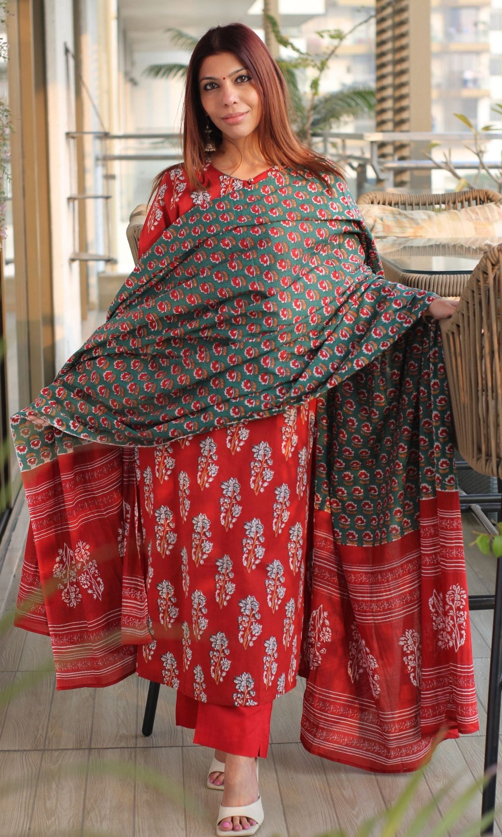 Cotton Sanganeri Print Red Suit Set with Printed Cotton Dupatta