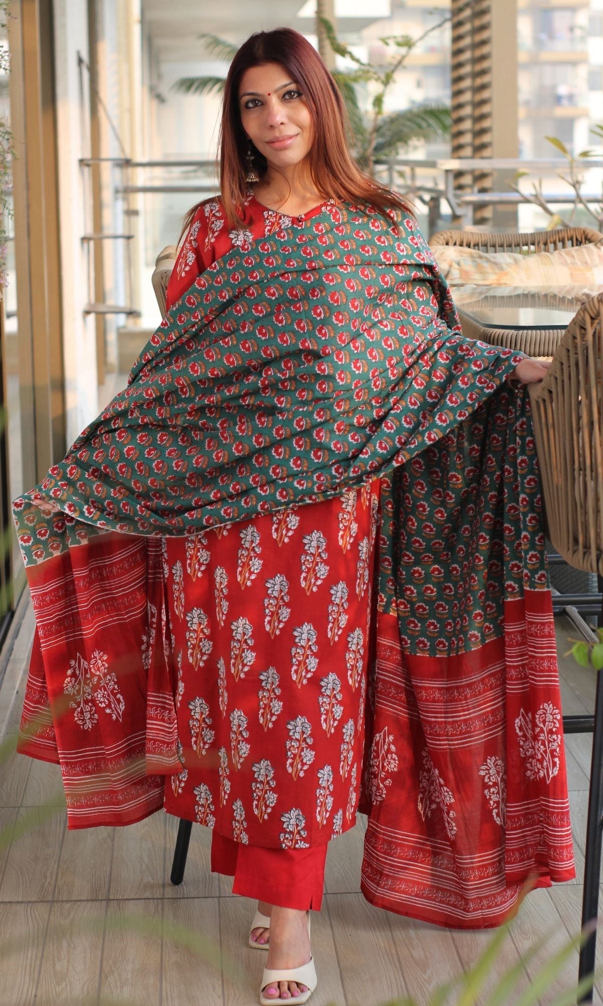 Cotton Sanganeri Print Red Suit Set with Printed Cotton Dupatta